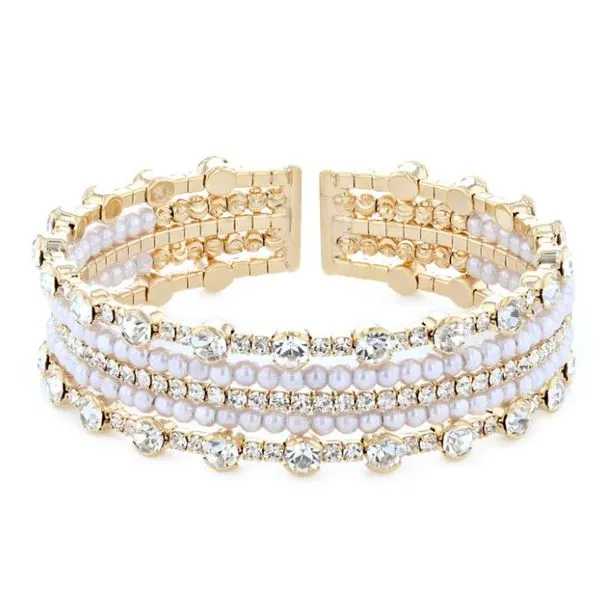 Simulated White Pearl and Crystal Cuff Bangle, 5 Row, Yellow Orin Jewelers Northville, MI