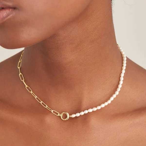 Sterling Silver Gold Plated Pearl Chunky Link Chain Necklace Image 2 Orin Jewelers Northville, MI
