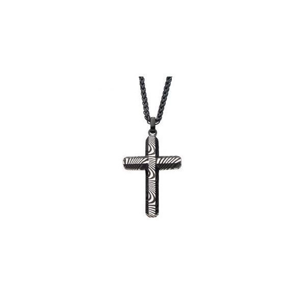 Stainless Steel and Black Plated Damascus Cross Pendant With Chain Orin Jewelers Northville, MI