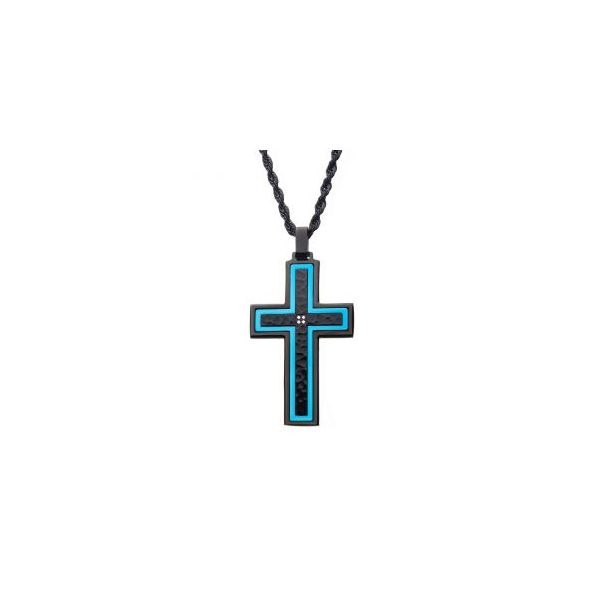 Stainless Steel Hammered Blue Line Cross Pendant with CZs Orin Jewelers Northville, MI