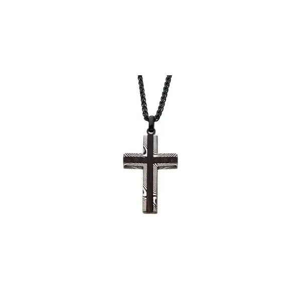 Black plated Stainless Steel Damascus cross with Ebony Wood Inlay With 24