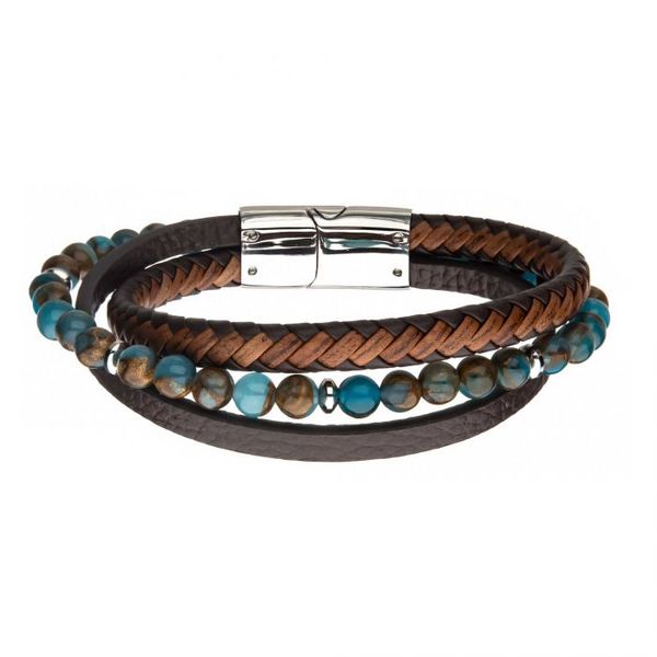 Stainless Steel Chrysocolla Beads & Brown Leather Bracelet Orin Jewelers Northville, MI