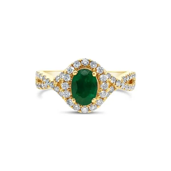 Yellow Gold Emerald and Diamond Halo Ring Padis Jewelry San Francisco, CA