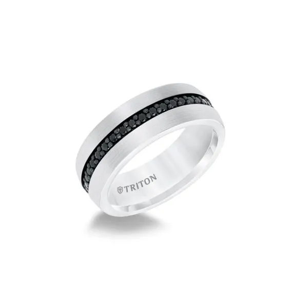 White Tungsten and Black Sapphire 8 mm Dome Round Edge Wedding Band with a Satin Finish Image 4 Paul Bensel Jewelers Yuma, AZ