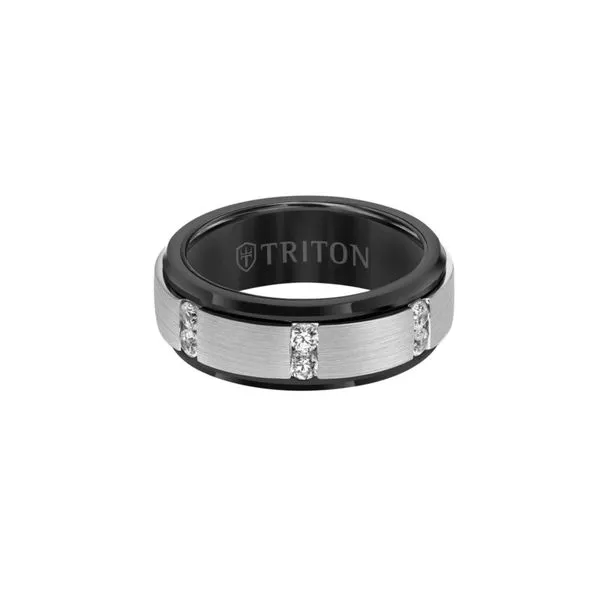 Black Tungsten and Sterling Silver Diamond Flat Bevel Edge Wedding Band with a Satin Finish Image 3 Paul Bensel Jewelers Yuma, AZ