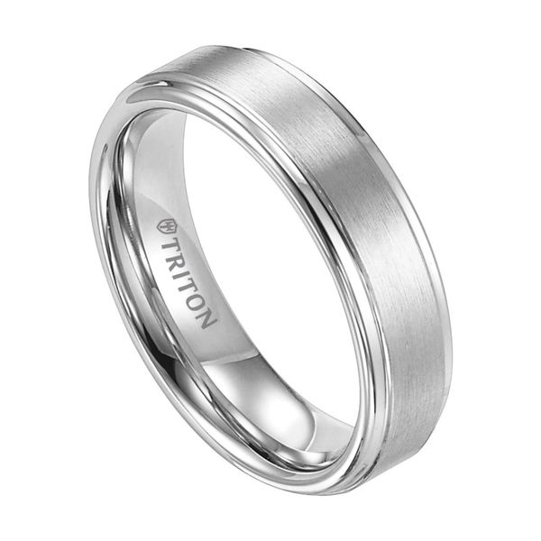 WhiteTungsten 6 mm Step Edge Wedding Band with a Satin Finish Image 2 Paul Bensel Jewelers Yuma, AZ