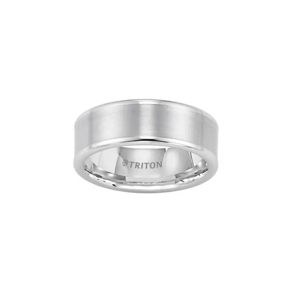 White Tungsten 8 mm Roll Edge Wedding Band with a Satin Finish Image 2 Paul Bensel Jewelers Yuma, AZ