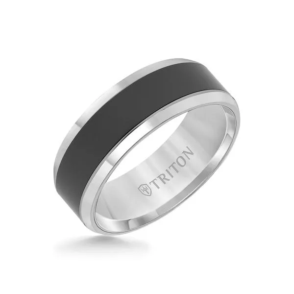 Gray Tungsten 8 mm Bevel Edge Wedding Band with a Black Ceramic Inlay Center Paul Bensel Jewelers Yuma, AZ