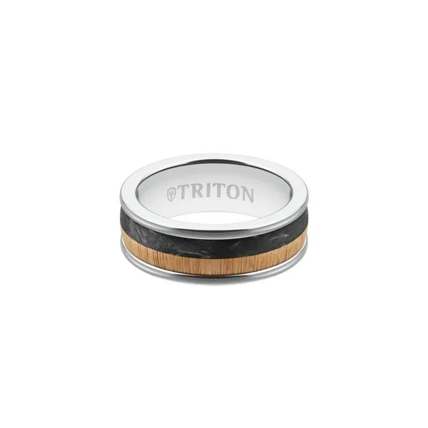 White Tungsten 8 mm Wedding Band with Carbon Fiber and Wood Inlay Image 3 Paul Bensel Jewelers Yuma, AZ