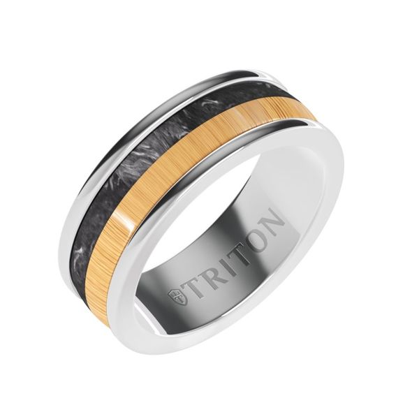 White Tungsten 8 mm Wedding Band with Carbon Fiber and Wood Inlay Paul Bensel Jewelers Yuma, AZ