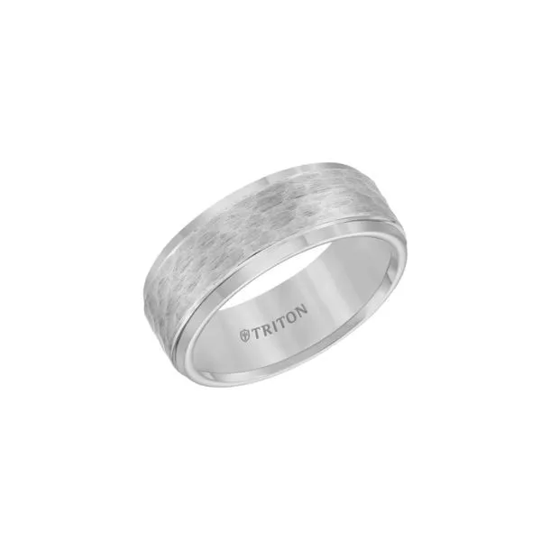 Gray Tungsten 8 mm Step Edge Wedding Band with a Hammered Finish Center Image 2 Paul Bensel Jewelers Yuma, AZ