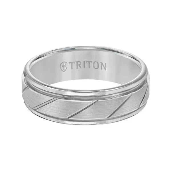 Gray Tungsten 7 mm Round Edge Contemporary Wedding Band with a Diagonal Cut Center Image 2 Paul Bensel Jewelers Yuma, AZ