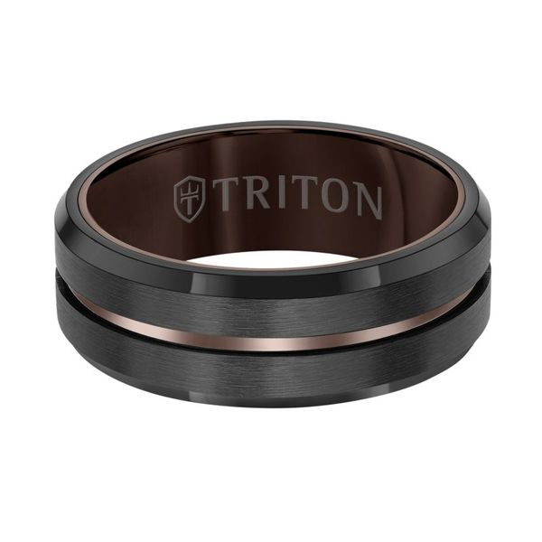 Brown and Black Tungsten 8 mm Step Edge Contemporary Wedding Band with Satin Finish Image 2 Paul Bensel Jewelers Yuma, AZ