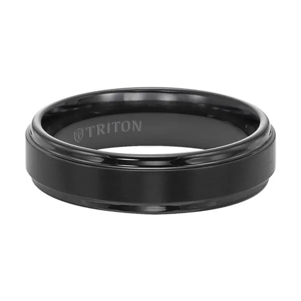 Black Tungsten 6 mm Step Edge Wedding Band with a Satin Finish Image 2 Paul Bensel Jewelers Yuma, AZ