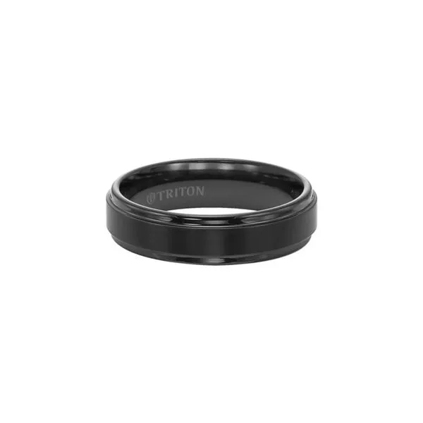 Black Tungsten 6 mm Step Edge Wedding Band with a Satin Finish Image 3 Paul Bensel Jewelers Yuma, AZ