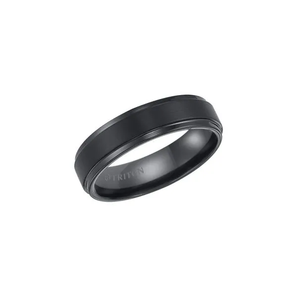 Black Tungsten 6 mm Step Edge Wedding Band with a Satin Finish Image 4 Paul Bensel Jewelers Yuma, AZ