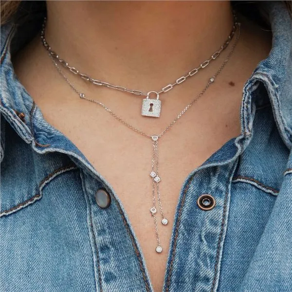 14K White Gold Paper Clip and Diamond Pavé Lock Necklace Image 2 Paul Bensel Jewelers Yuma, AZ