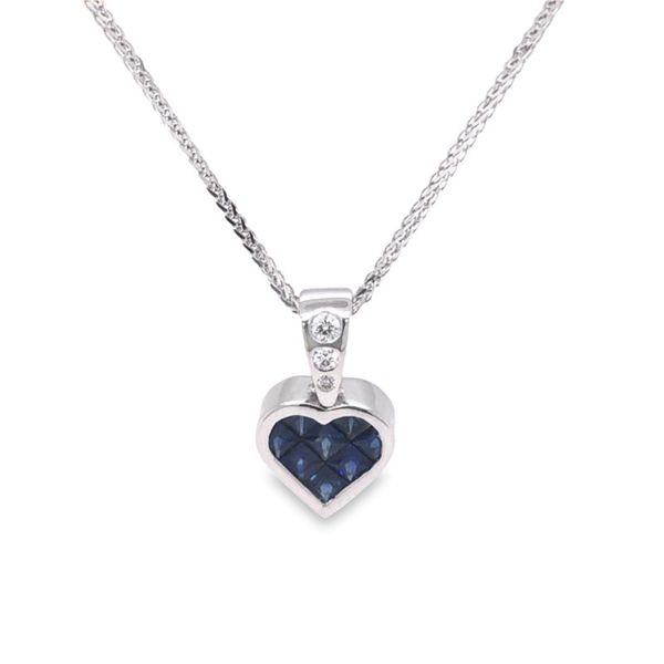 18K White Gold Invisible Set Sapphire and Diamond Heart Necklace Image 2 Paul Bensel Jewelers Yuma, AZ