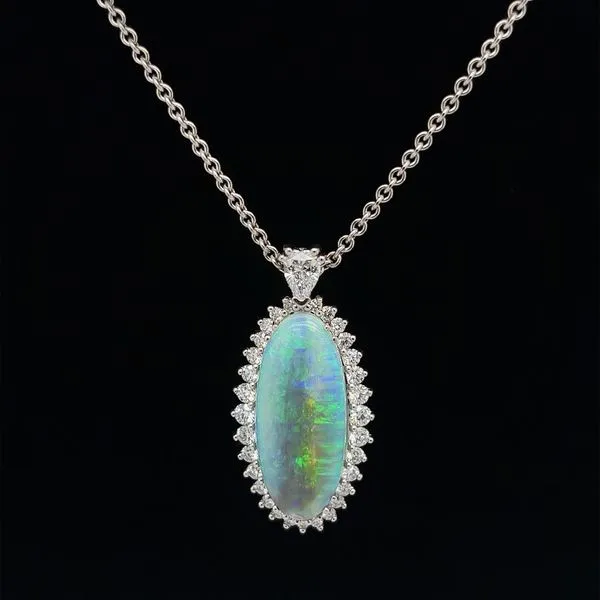 Platinum Bensel Made Halo Style Opal and Diamond Necklace Image 2 Paul Bensel Jewelers Yuma, AZ