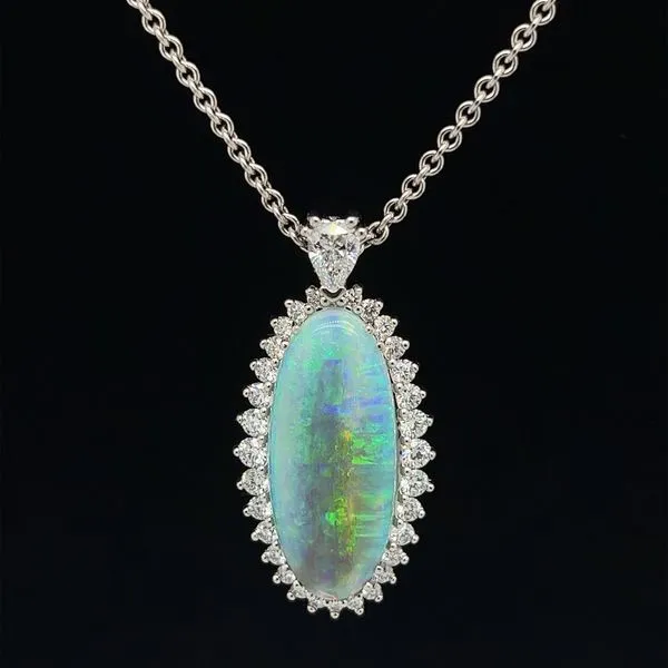 Platinum Bensel Made Halo Style Opal and Diamond Necklace Paul Bensel Jewelers Yuma, AZ