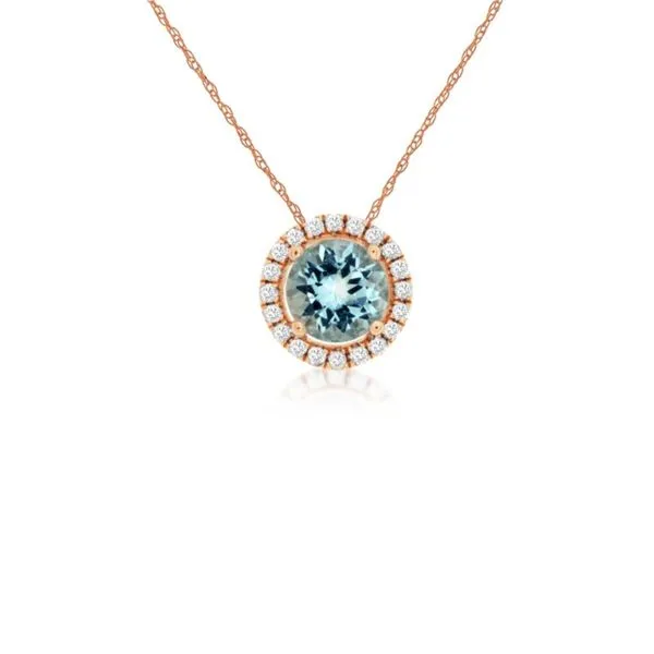 14K Rose Gold Halo Style Aquamarine and Diamond Necklace Paul Bensel Jewelers Yuma, AZ