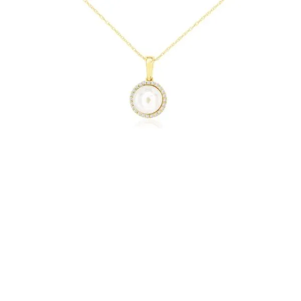 14K Yellow Gold Cultured Freshwater Pearl and Diamond Halo Style Necklace Image 2 Paul Bensel Jewelers Yuma, AZ