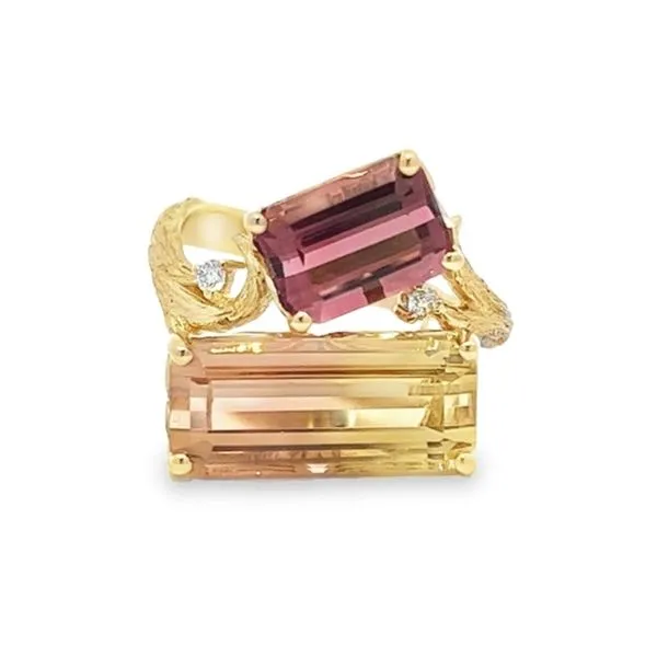 14K Yellow Gold Bark Motif Multicolored Tourmaline and Diamond Fashion Ring Paul Bensel Jewelers Yuma, AZ