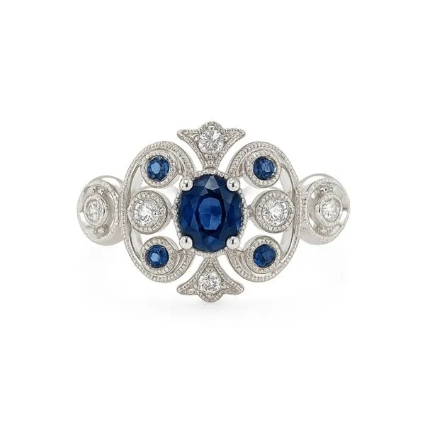 14K White Gold Antique Shield Style Blue Sapphire and Diamond Ring Paul Bensel Jewelers Yuma, AZ