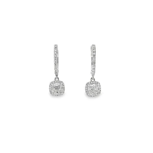 14K White Gold Bensel Made Cushion Cut Diamond Dangle Halo Style Earrings Paul Bensel Jewelers Yuma, AZ