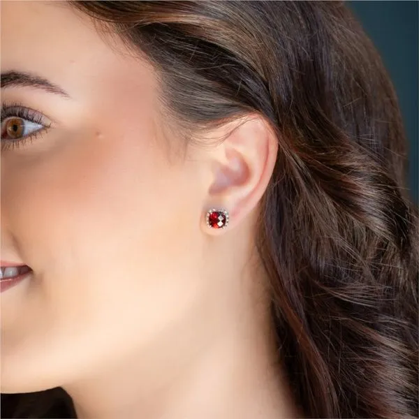 14K White Gold Garnet and Diamond Halo Style Earrings Image 2 Paul Bensel Jewelers Yuma, AZ