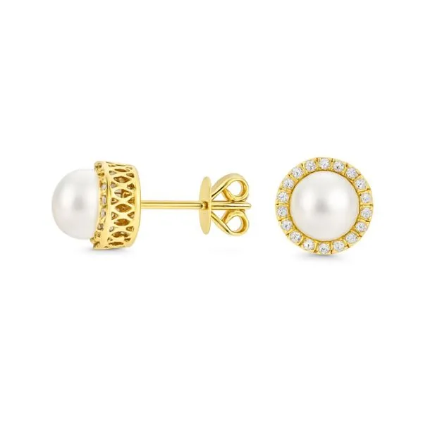 14K Yellow Gold Cultured Freshwater Pearl and Diamond Halo Style Earrings Image 2 Paul Bensel Jewelers Yuma, AZ