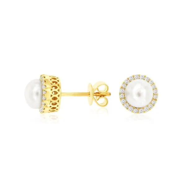 14K Yellow Gold Cultured Freshwater Pearl and Diamond Halo Style Earrings Paul Bensel Jewelers Yuma, AZ