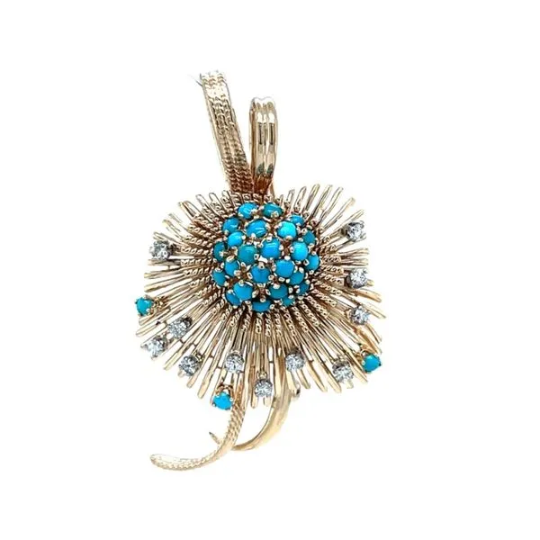 14K Yellow Gold Vintage Etruscan Turquoise and Diamond Pendant/Brooch Image 2 Paul Bensel Jewelers Yuma, AZ