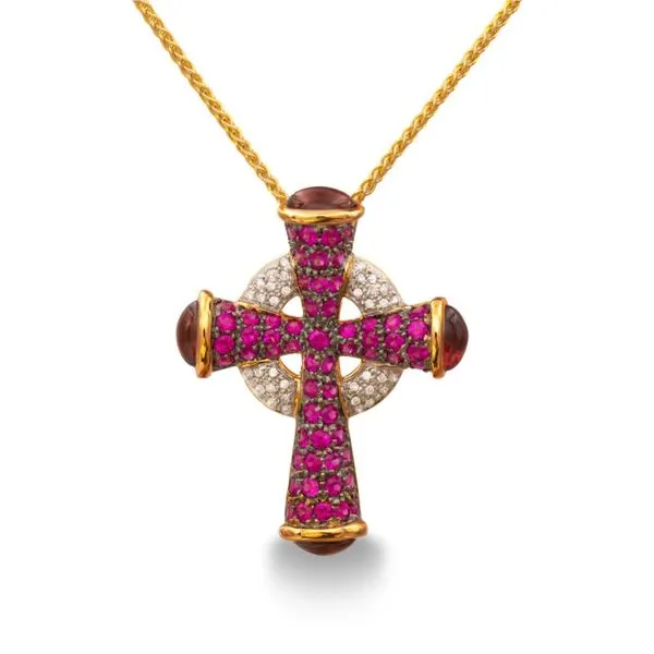 14K Yellow Gold Ruby and Tourmaline Cross Necklace Paul Bensel Jewelers Yuma, AZ