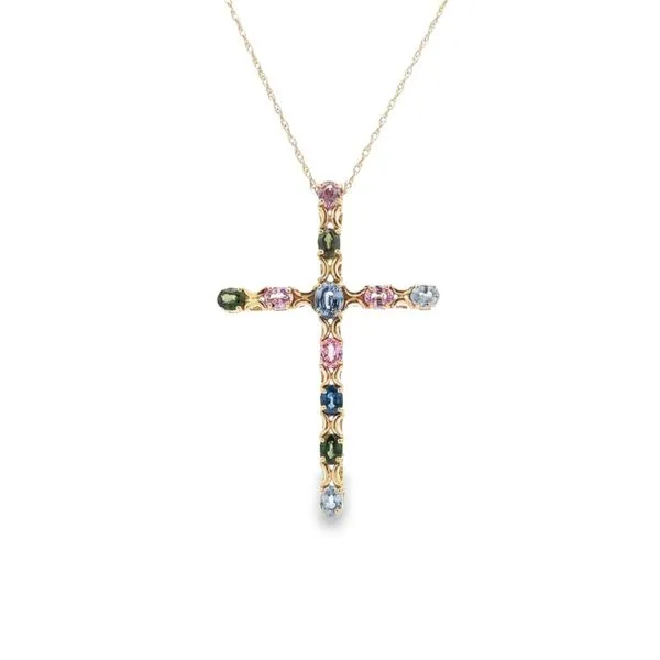 14K Yellow Gold Multi Color Sapphire Cross Necklace Image 2 Paul Bensel Jewelers Yuma, AZ