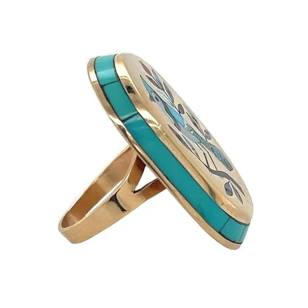 14K Yellow Gold Vintage Dennis and Nancy Edaakie Bird Motif Inalay Ring Image 3 Paul Bensel Jewelers Yuma, AZ