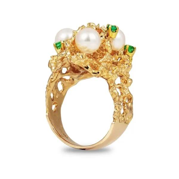 14K Yellow Gold Coral Motif Emerald and Cultured Akoya Pearl Fashion Ring Image 2 Paul Bensel Jewelers Yuma, AZ