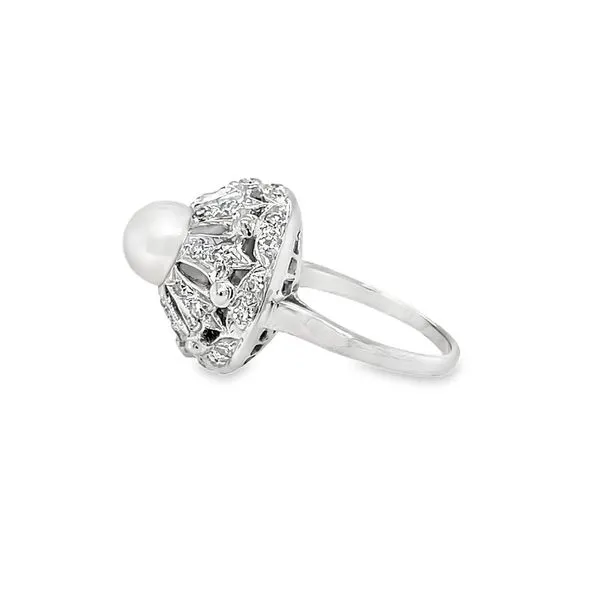 14K White Gold Vintage Cultured Akoya Pearl and Diamond Boule Cocktail Ring Image 2 Paul Bensel Jewelers Yuma, AZ