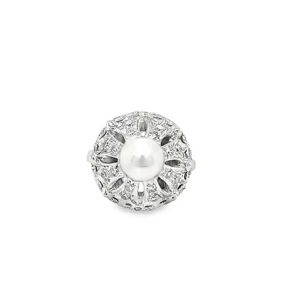14K White Gold Vintage Cultured Akoya Pearl and Diamond Boule Cocktail Ring Paul Bensel Jewelers Yuma, AZ