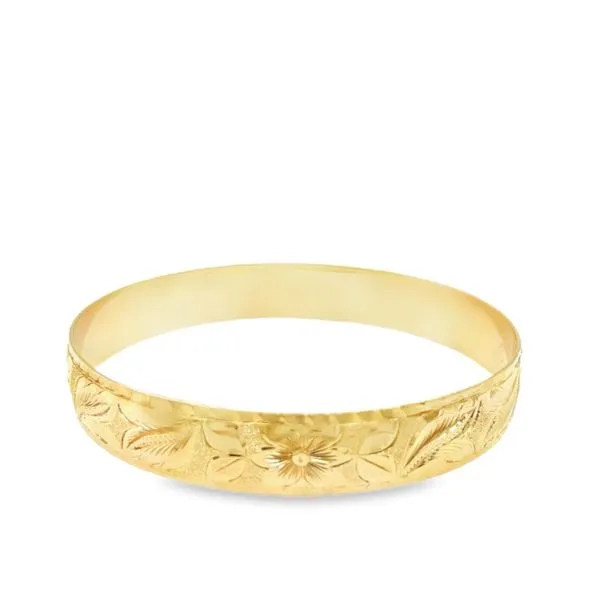 14K Yellow Gold 12 mm NaHoku Hawaiian Heirloom Plumeria Scroll-Around Bangle Bracelet Paul Bensel Jewelers Yuma, AZ