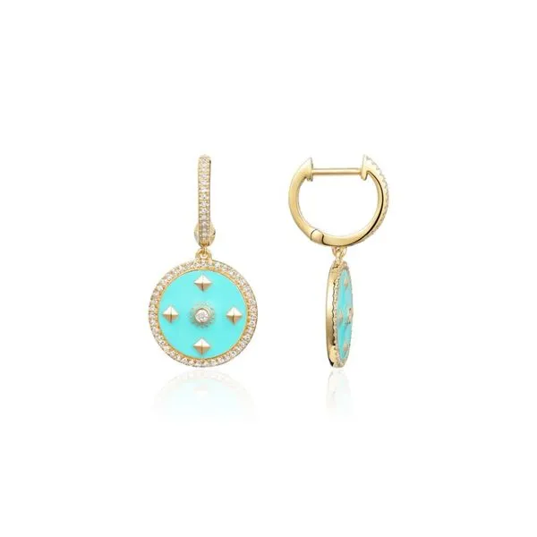 14K Yellow Gold Diamond and Turquoise Enamel Dangle Disc Earrings Image 2 Paul Bensel Jewelers Yuma, AZ