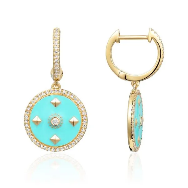 14K Yellow Gold Diamond and Turquoise Enamel Dangle Disc Earrings Paul Bensel Jewelers Yuma, AZ