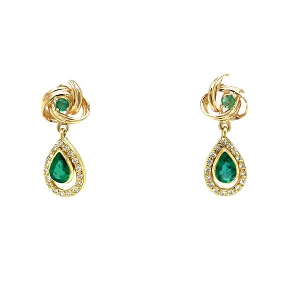 14K Yellow Gold Emerald and Diamond Halo Style Dangle Earrings Paul Bensel Jewelers Yuma, AZ