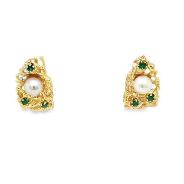 14K Yellow Gold Coral Motif Emerald and Pearl J-Hoop Style Earrings Image 2 Paul Bensel Jewelers Yuma, AZ