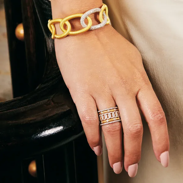 Sterling Silver and 14K Gold Chain Cuff Bracelet Image 2 Peran & Scannell Jewelers Houston, TX