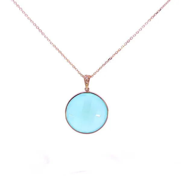 14K Yellow Gold Diamond & Yellow Gold Bezel Holding a Round Checkerboard Cut Aqua Chalcedony Peran & Scannell Jewelers Houston, TX