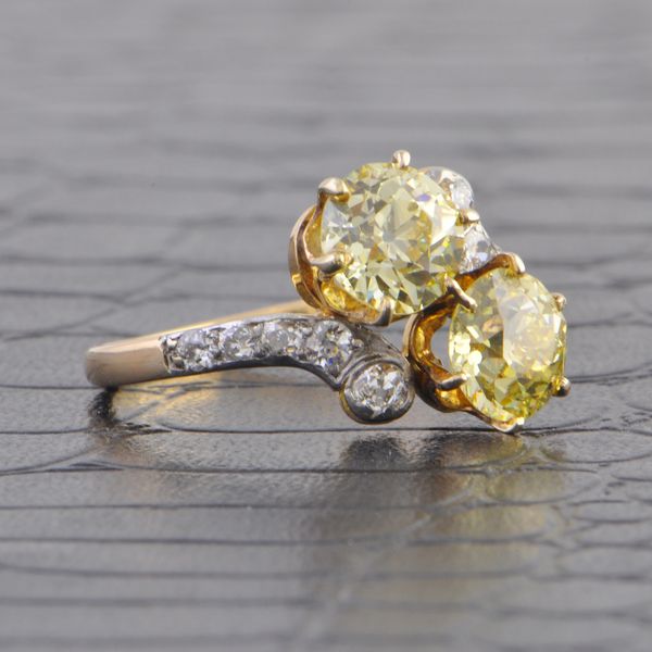 Antique Platinum-Topped 14k Yellow Gold Bypass Ring with 2.37 Carat Fancy Yellow Old European Cut Diamonds Image 2 Perry's Diamonds & Estate Jewelry Charlotte, NC