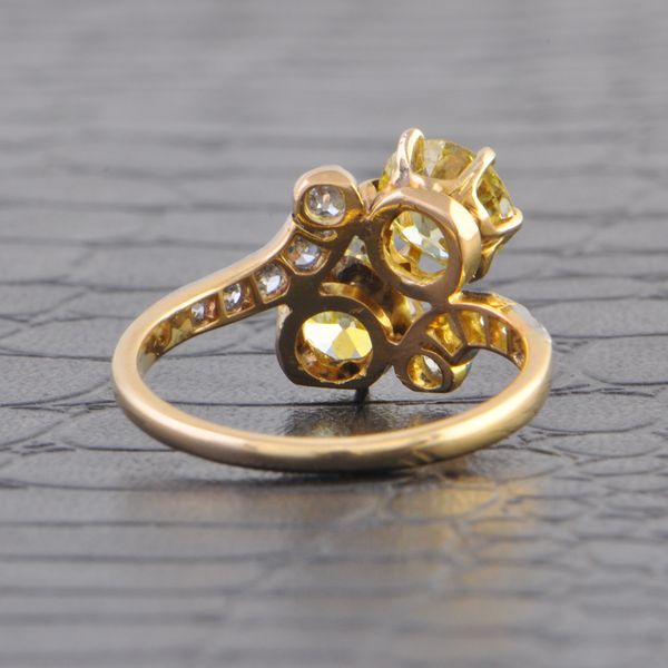 Antique Platinum-Topped 14k Yellow Gold Bypass Ring with 2.37 Carat Fancy Yellow Old European Cut Diamonds Image 3 Perry's Diamonds & Estate Jewelry Charlotte, NC