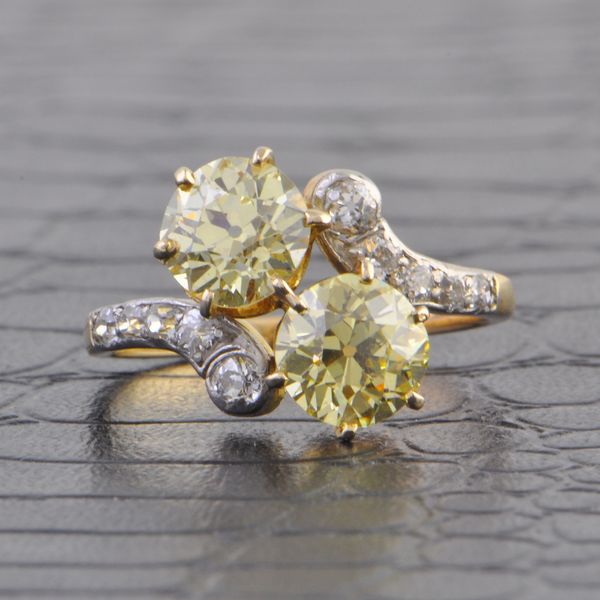 Antique Platinum-Topped 14k Yellow Gold Bypass Ring with 2.37 Carat Fancy Yellow Old European Cut Diamonds Perry's Diamonds & Estate Jewelry Charlotte, NC