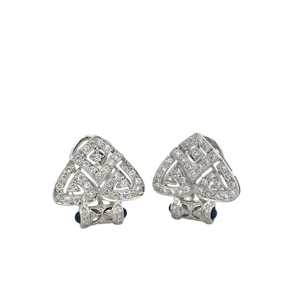 18K White Gold Art Deco-Inspired Triangular Earrings with Diamonds & Sapphire Cabochons – 1.11 CTW Perry's Diamonds & Estate Jewelry Charlotte, NC